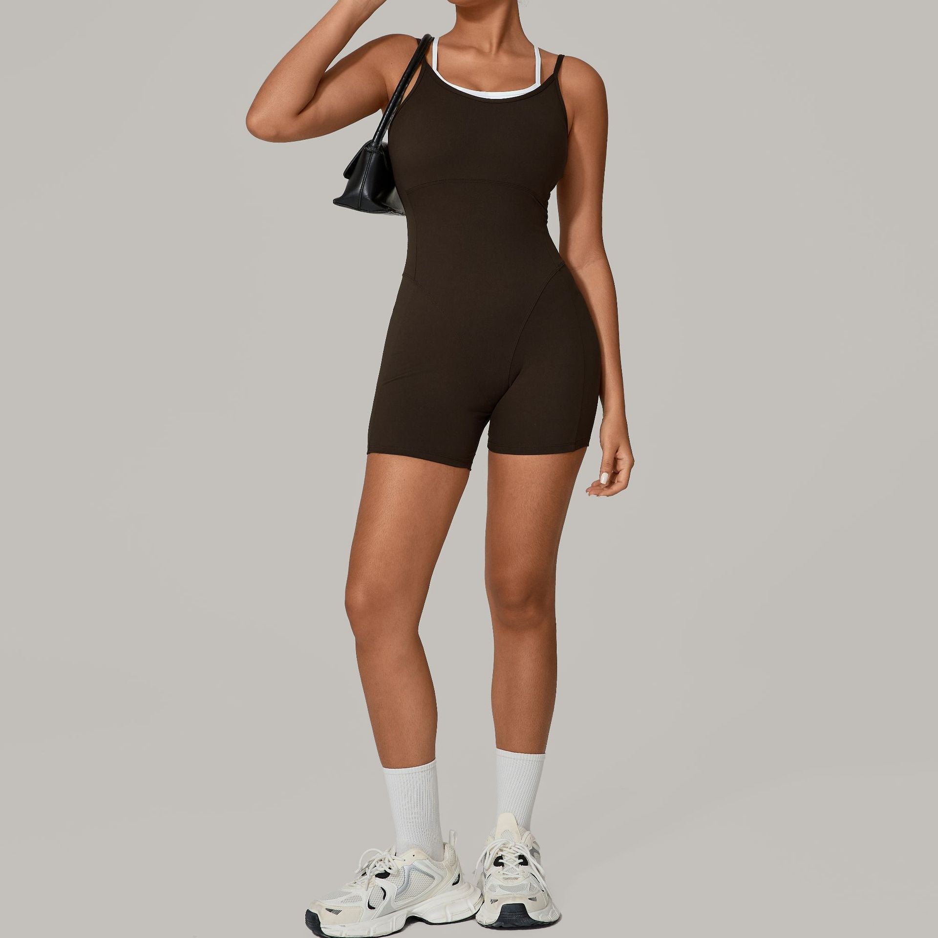 Two-Tone Layered Look Strappy Yoga Jumpsuit Backless Gym One-Piece