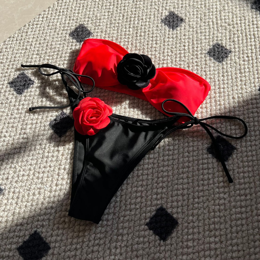 2026 Color Block Rose Bandeau Drawstring Bikini Set Two Piece Split Swimsuit