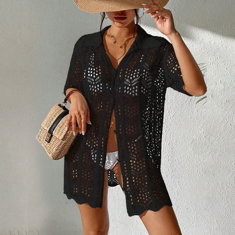 2026 New Arrival | Women's Solid Color Sexy Knit Beach Cover-Up | UV Protective Bikini Sunscreen Tunic
