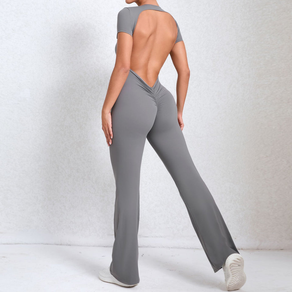 Backless Short Sleeve Bare-Feel Yoga Jumpsuit Flared Tight Gym Wear