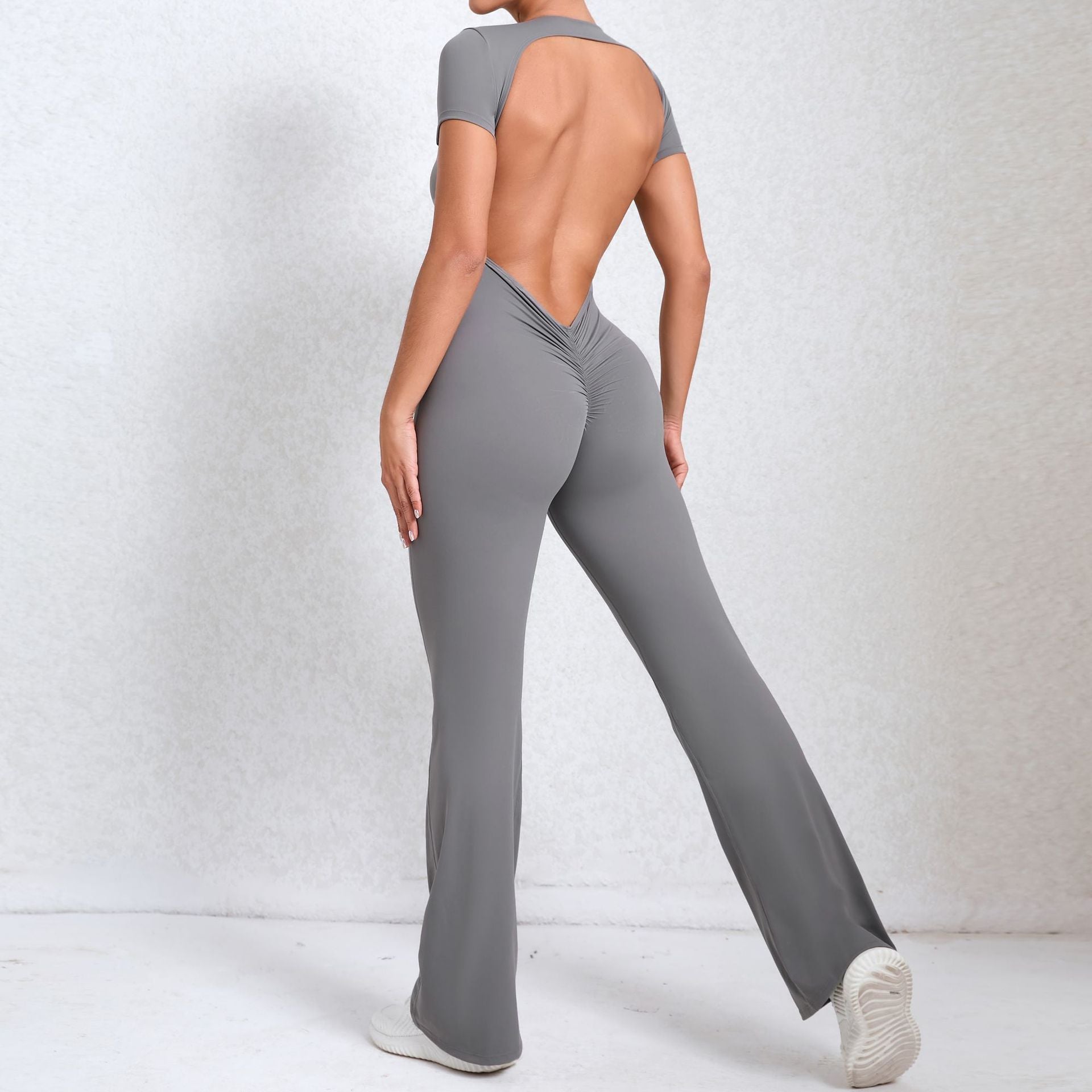 Backless Short Sleeve Bare-Feel Yoga Jumpsuit Flared Tight Gym Wear