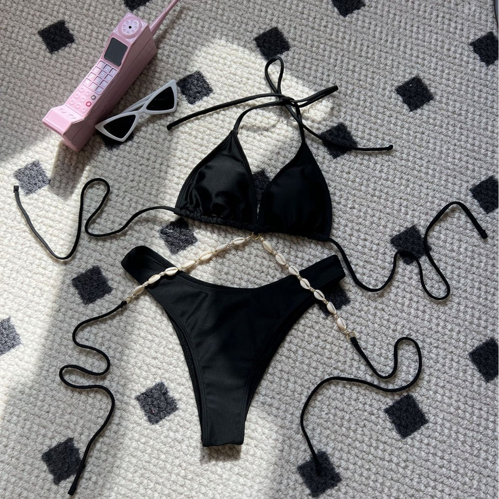 2026 Plain Color Sexy Shell Chain Bikini Set Two Piece High Waist Split Swimsuit