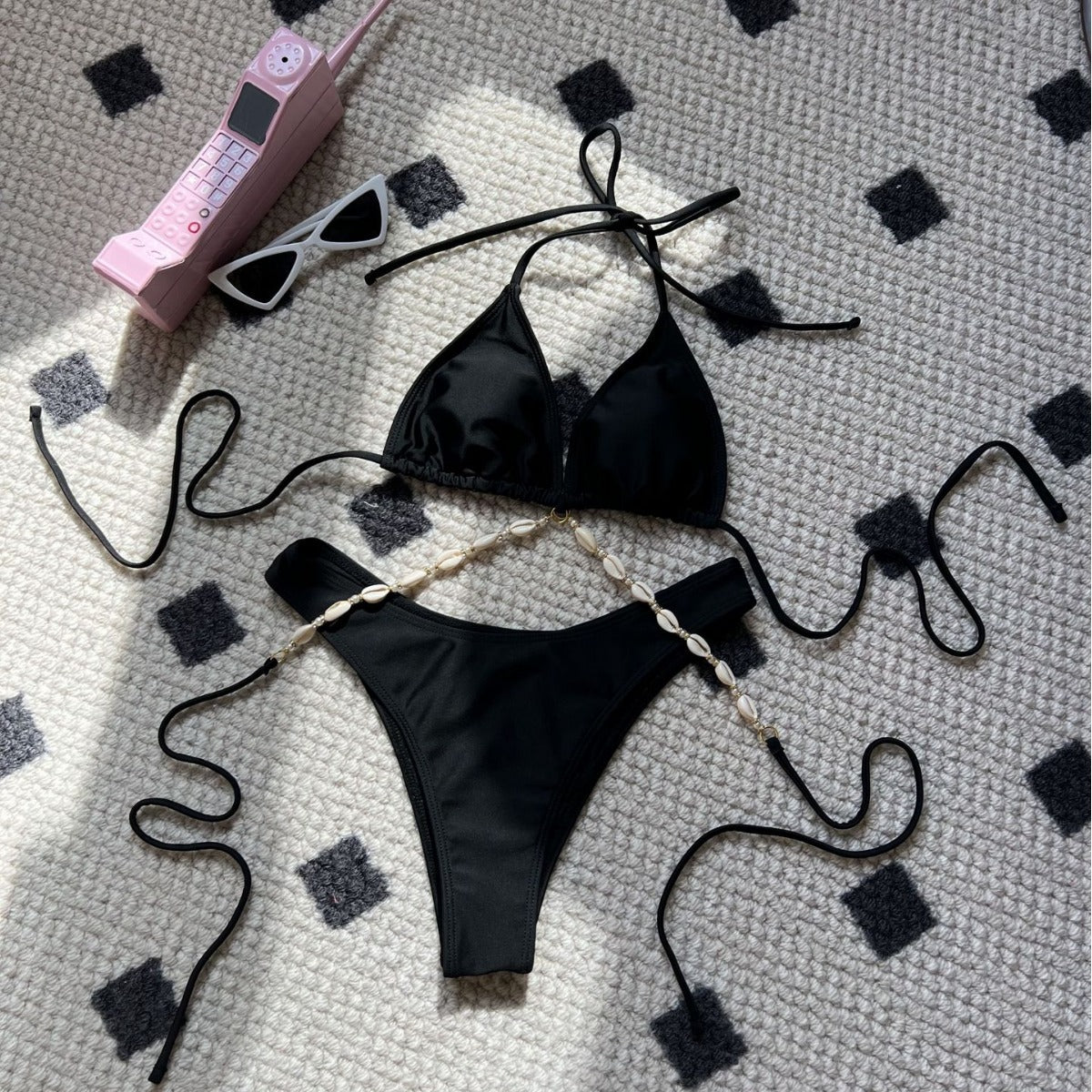 2026 Plain Color Sexy Shell Chain Bikini Set Two Piece High Waist Split Swimsuit