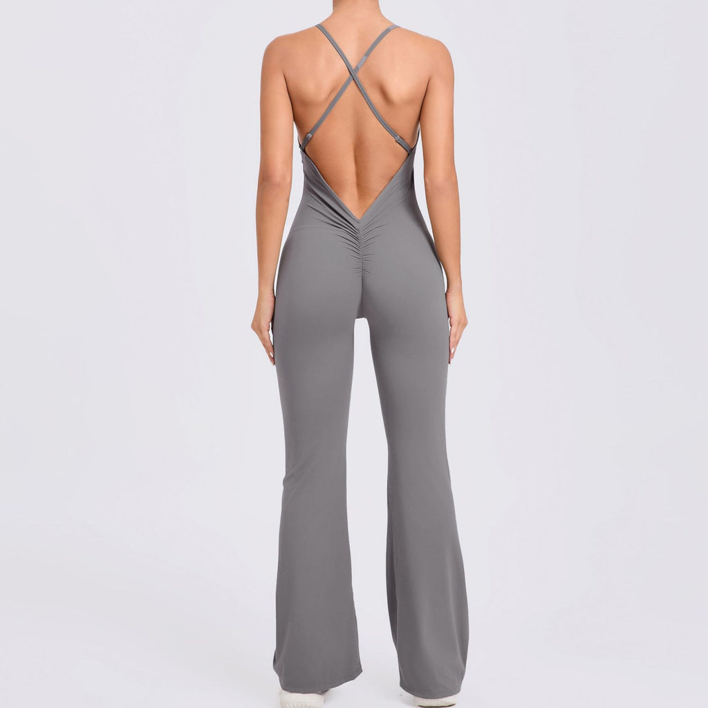 Adjustable Strap Flared Yoga Jumpsuit Cutout Lifting Fitness Bodysuit