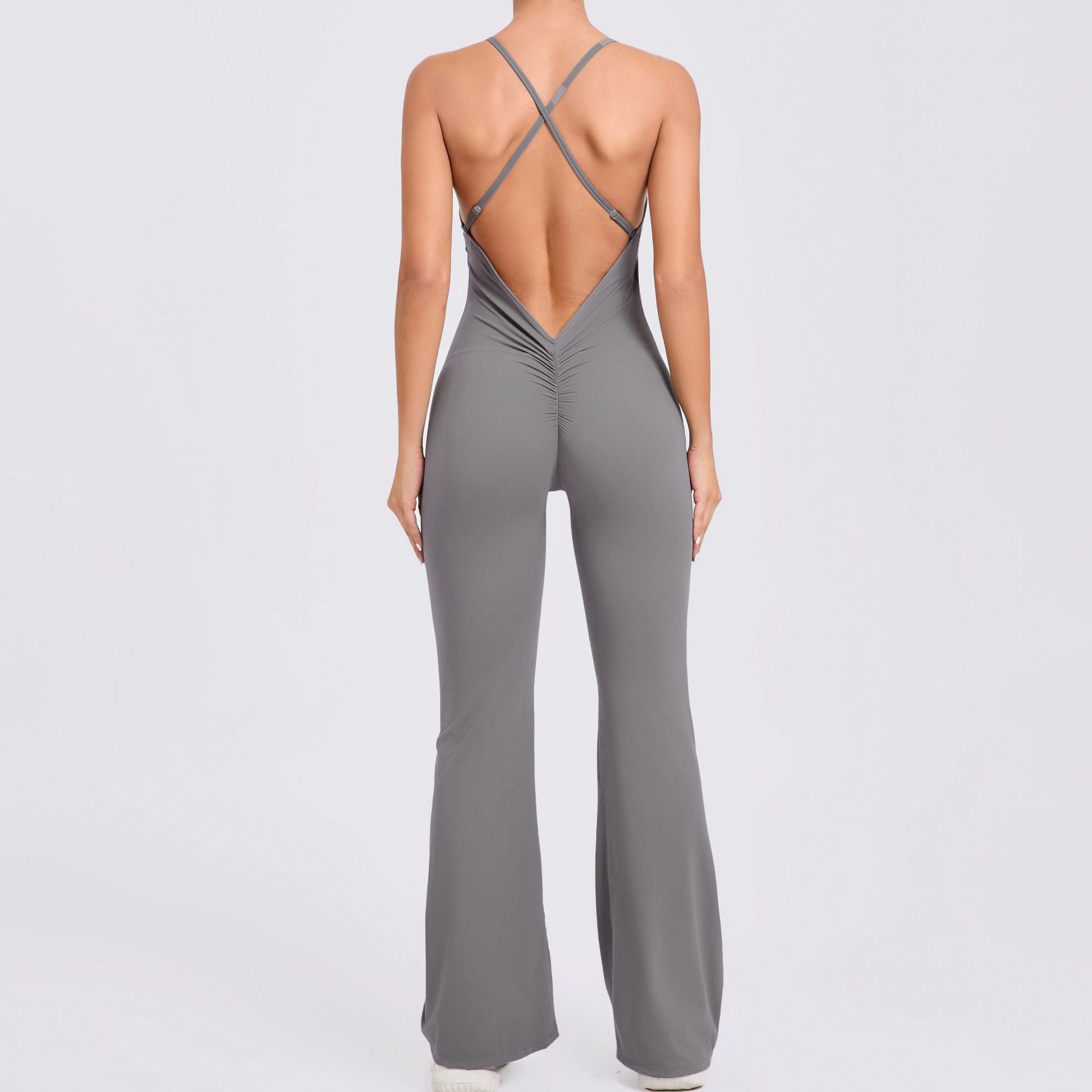 Adjustable Strap Flared Yoga Jumpsuit Cutout Lifting Fitness Bodysuit