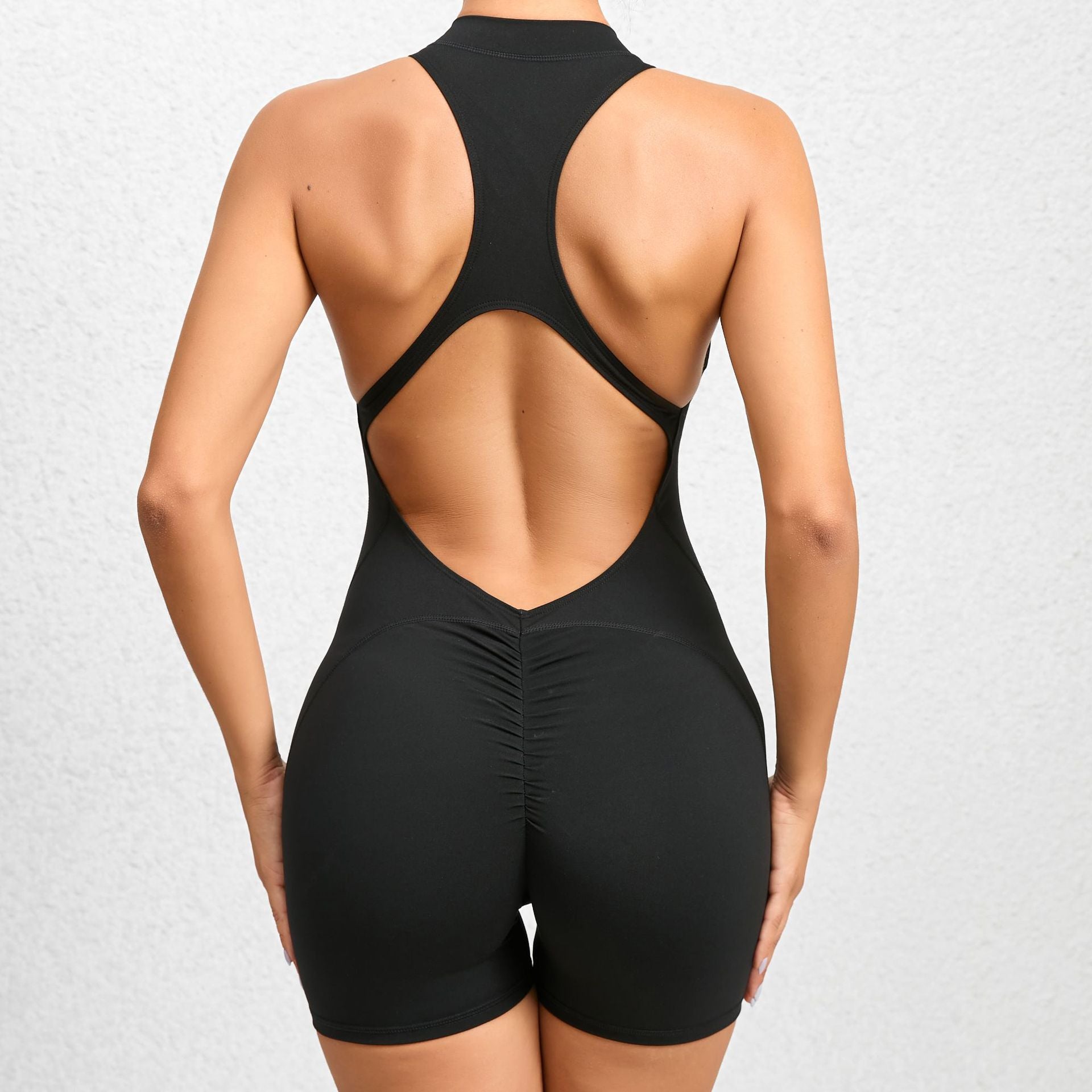 Seamless Zipper Yoga Jumpsuit Scrunch Butt Quick-Dry Ruched Fitness Bodysuit