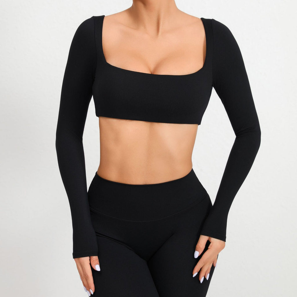 Square Neck Long Sleeve Yoga Top with Bra Pads | Quick-Dry Running & Workout Activewear