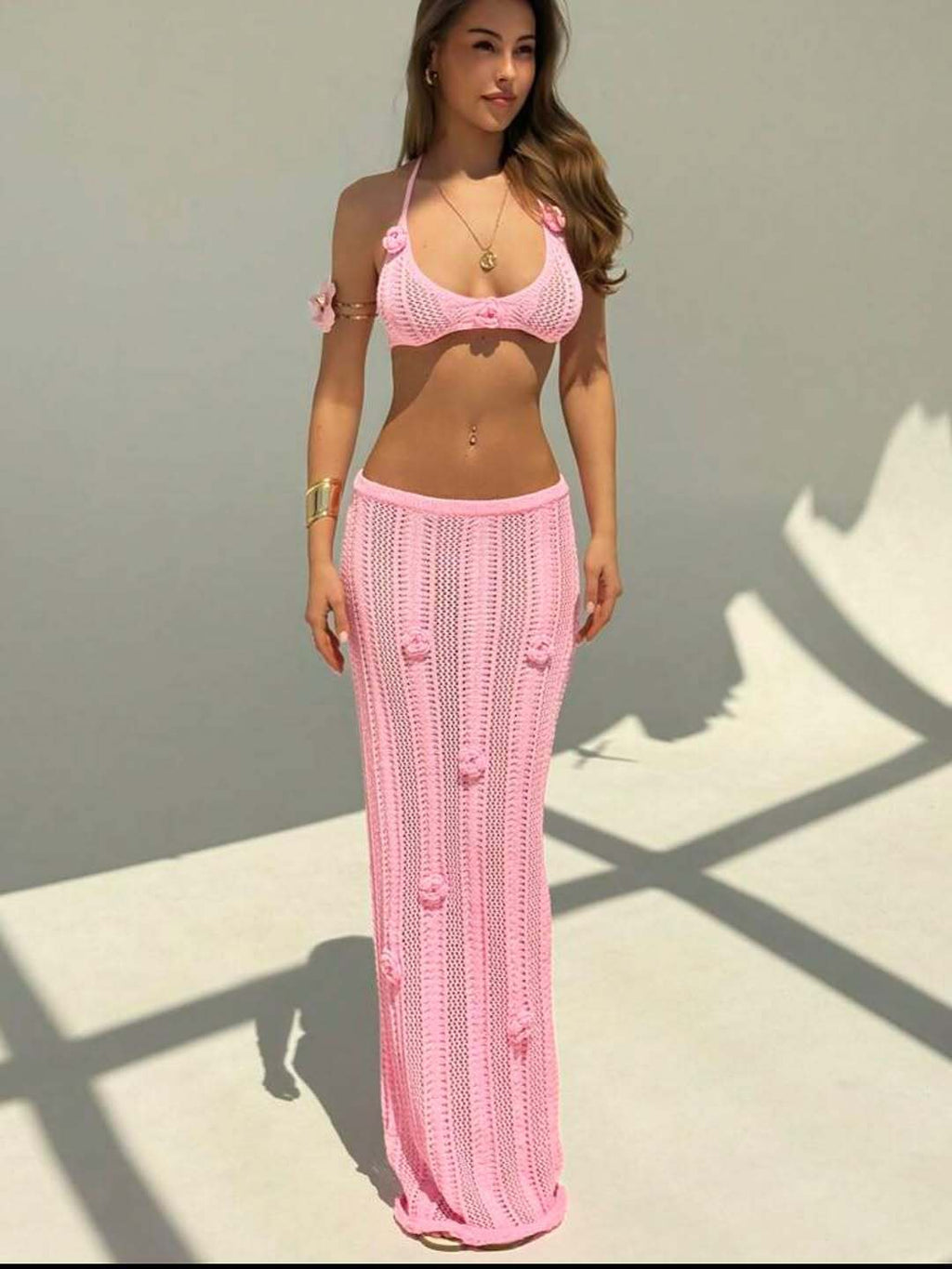 2026 Sexy Floral Cut Out Waist Halter Tie Up Knit Maxi Swimsuit Dress