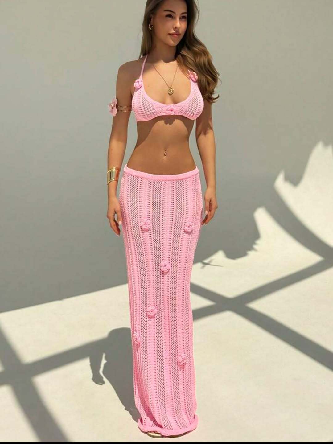 2026 Sexy Floral Cut Out Waist Halter Tie Up Knit Maxi Swimsuit Dress