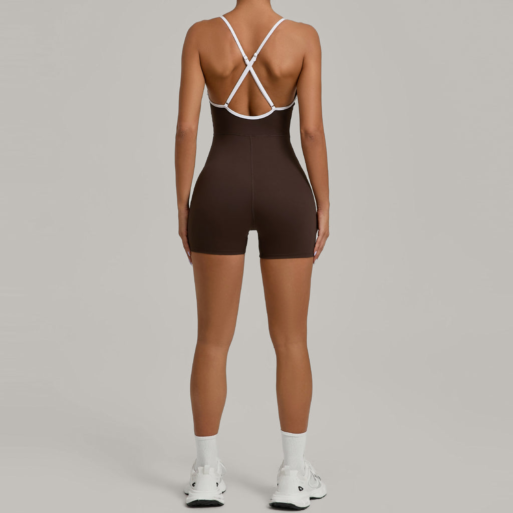 Color Block Cross Strap Scrunch Butt Yoga Jumpsuit Running Fitness Wear