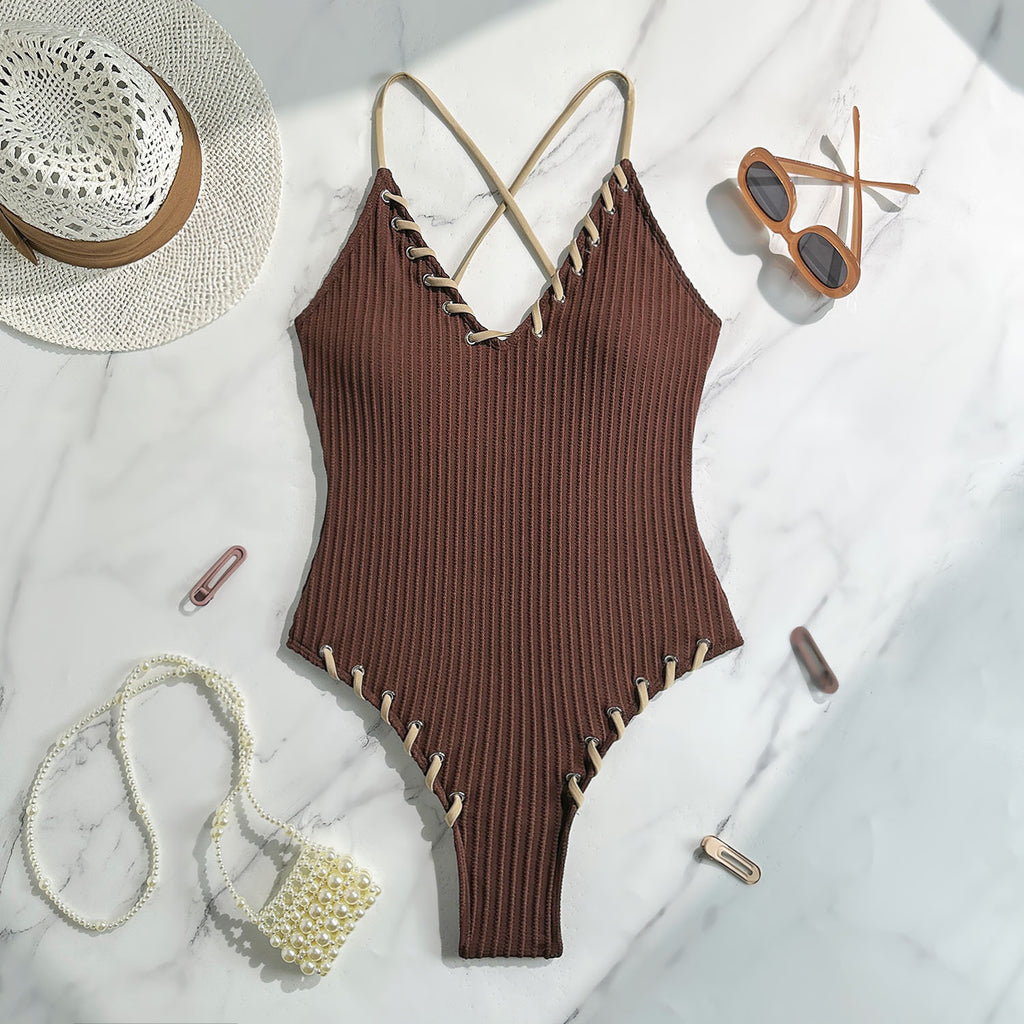 2026 Color Block Lace-Up Sexy One-Piece Swimsuit | Strappy Bikini Style