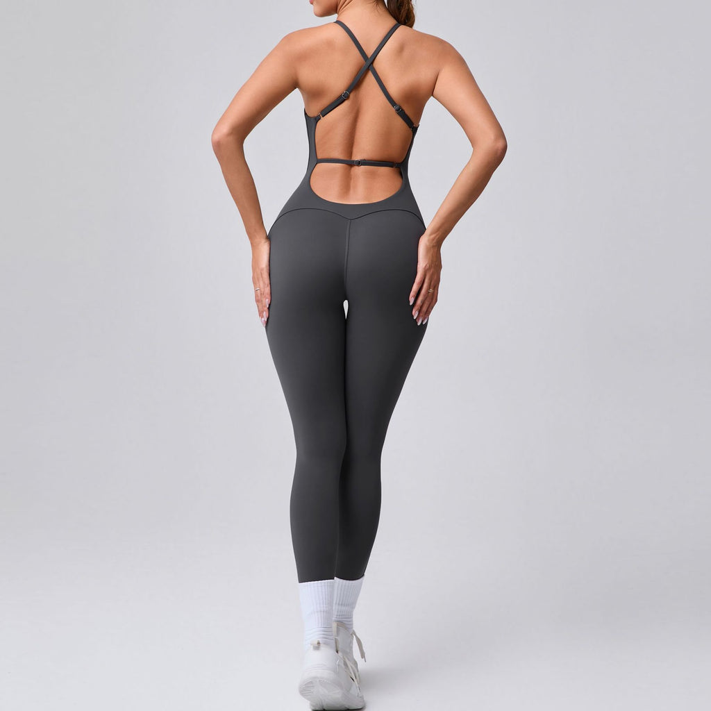 Adjustable Strap Backless Scrunch Butt Yoga Jumpsuit Tight Fitness Bodysuit