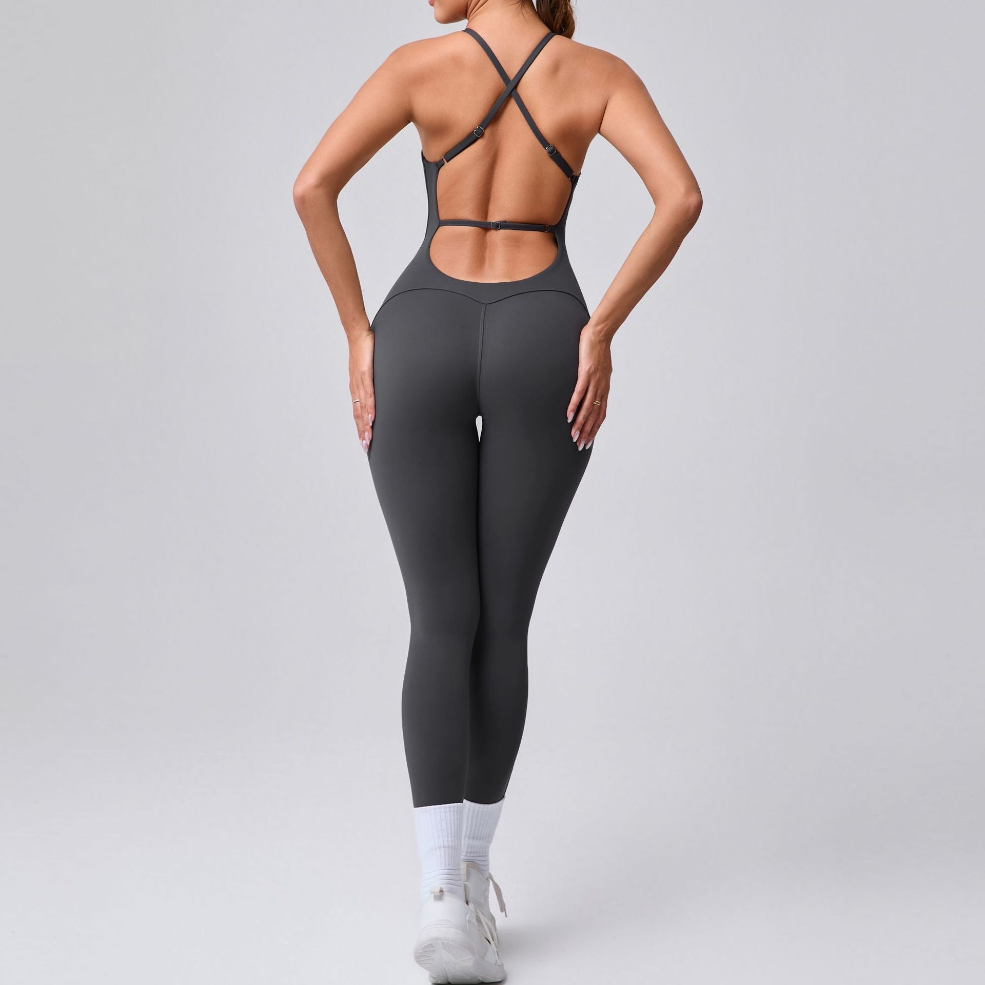 Adjustable Strap Backless Scrunch Butt Yoga Jumpsuit Tight Fitness Bodysuit