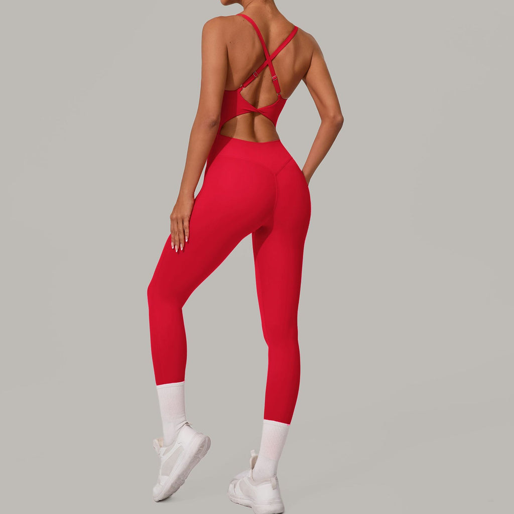 Adjustable Buckle Cross Waist-Cinching Scrunch Butt Yoga Jumpsuit Tight-Fit Workout Bodysuit