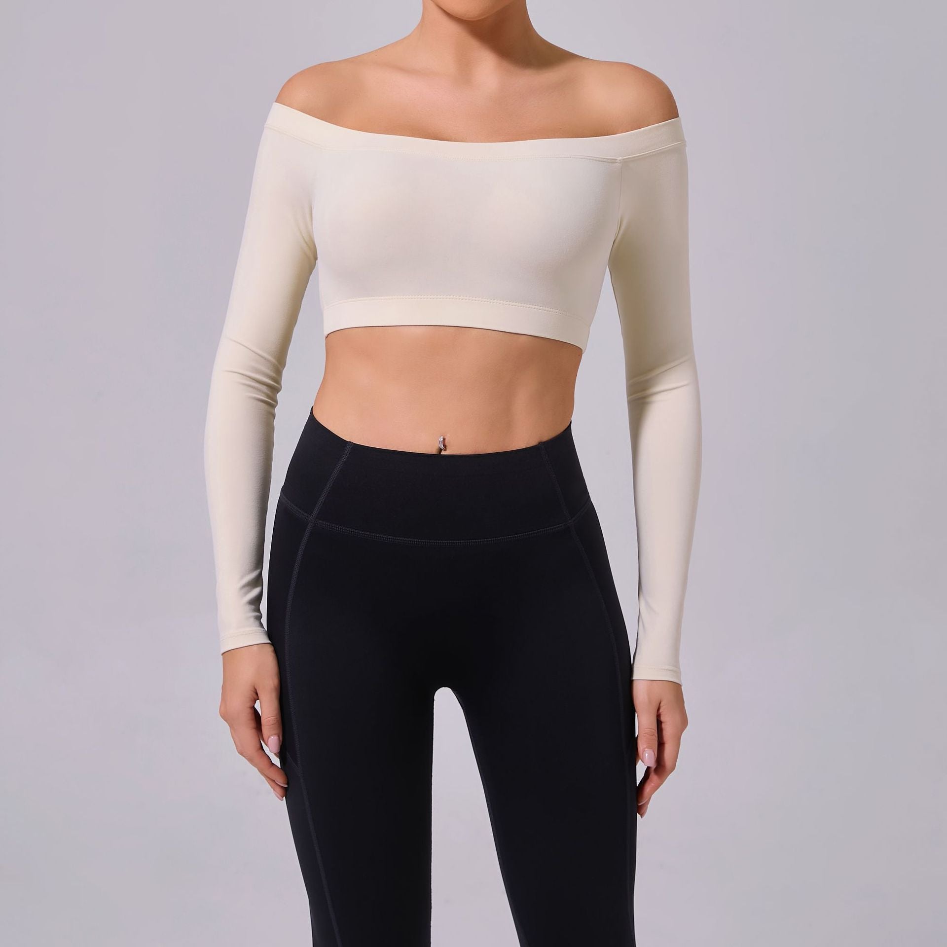 Off-Shoulder Long Sleeve Yoga Top | Brushed Slim Fit Running & Workout Wear