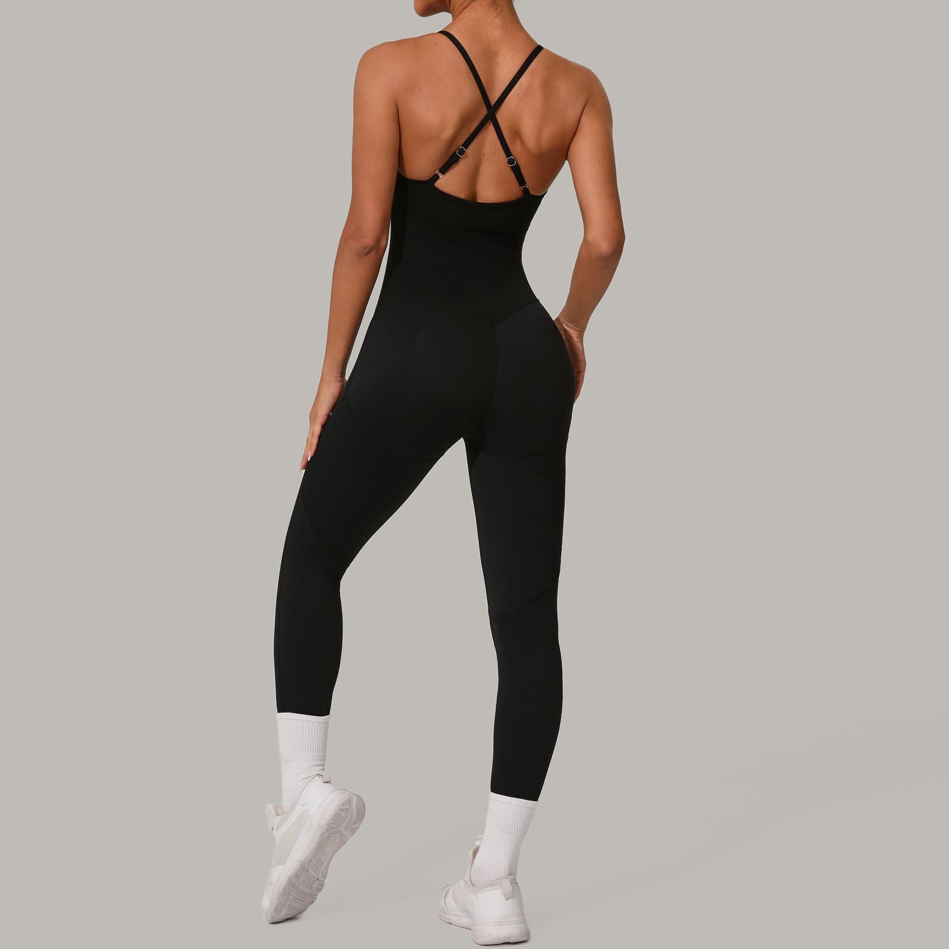 Cross Back Adjustable Strap Summer Yoga Jumpsuit Spliced Fitness Bodysuit
