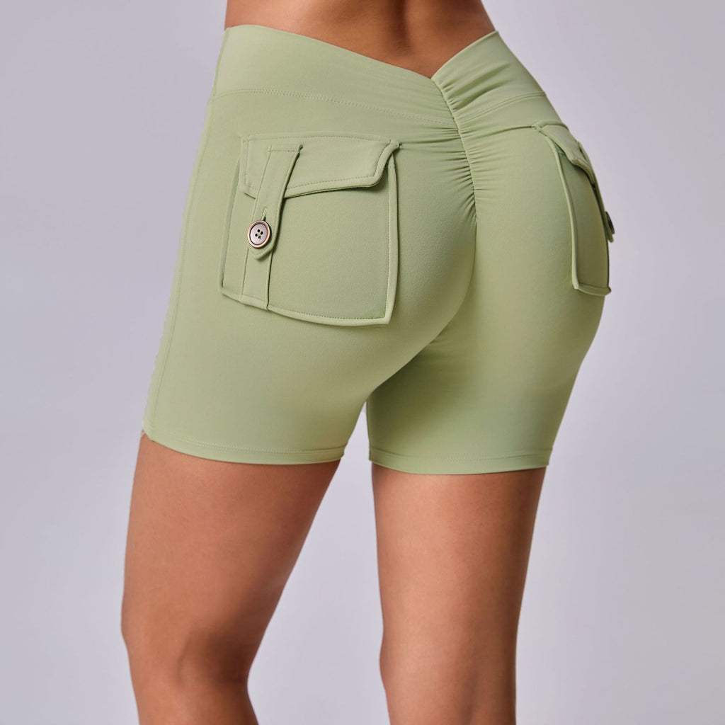 Back V Cargo Pocket Ruched Scrunch Butt Yoga Shorts Tight Fitness Shorts