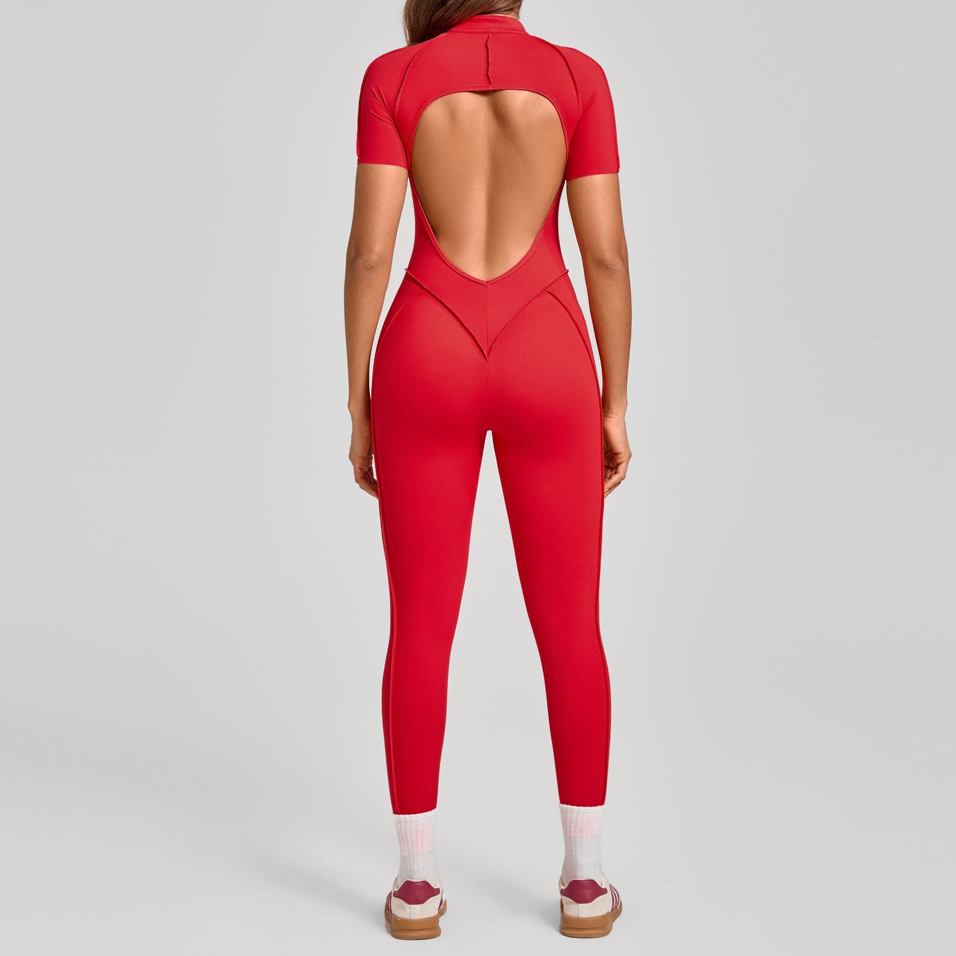 High-Neck Half-Zip Short Sleeve Yoga Jumpsuit Tummy Control Fitness Bodysuit