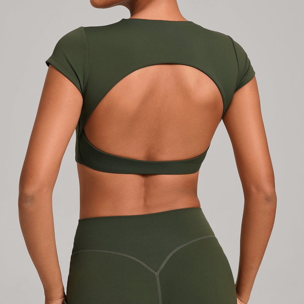 Backless Running Yoga Top｜Double-Stitched Tight Fit No-Bra Short Sleeve Activewear for Women