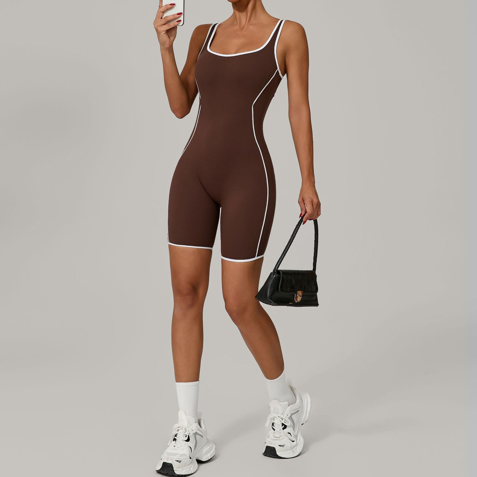 Summer Color Block Backless Yoga Jumpsuit Scrunch Butt Sculpting Bodysuit