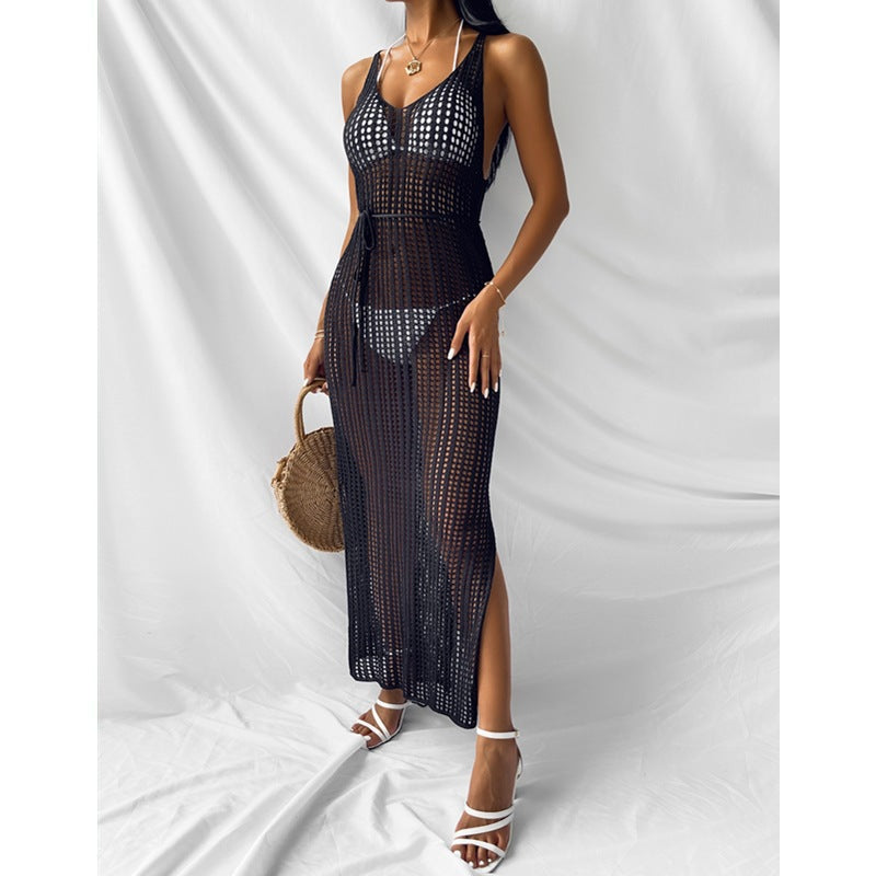 2026 Vacation Knit Beach Cover Up High Waist Backless Sexy Midi Dress