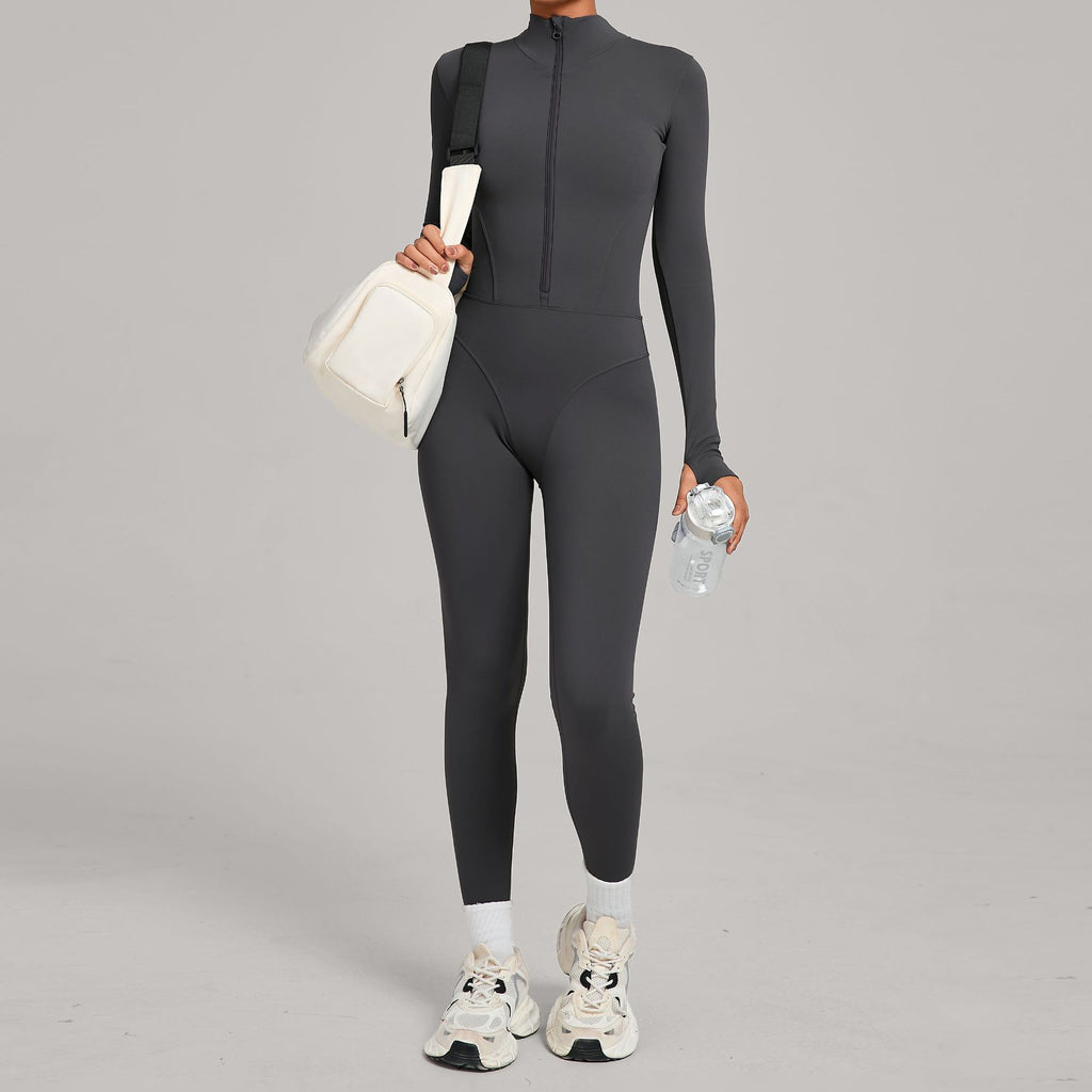 High-Neck Half-Zip Fleece Yoga Jumpsuit Outdoor Warm Running Fitness Wear