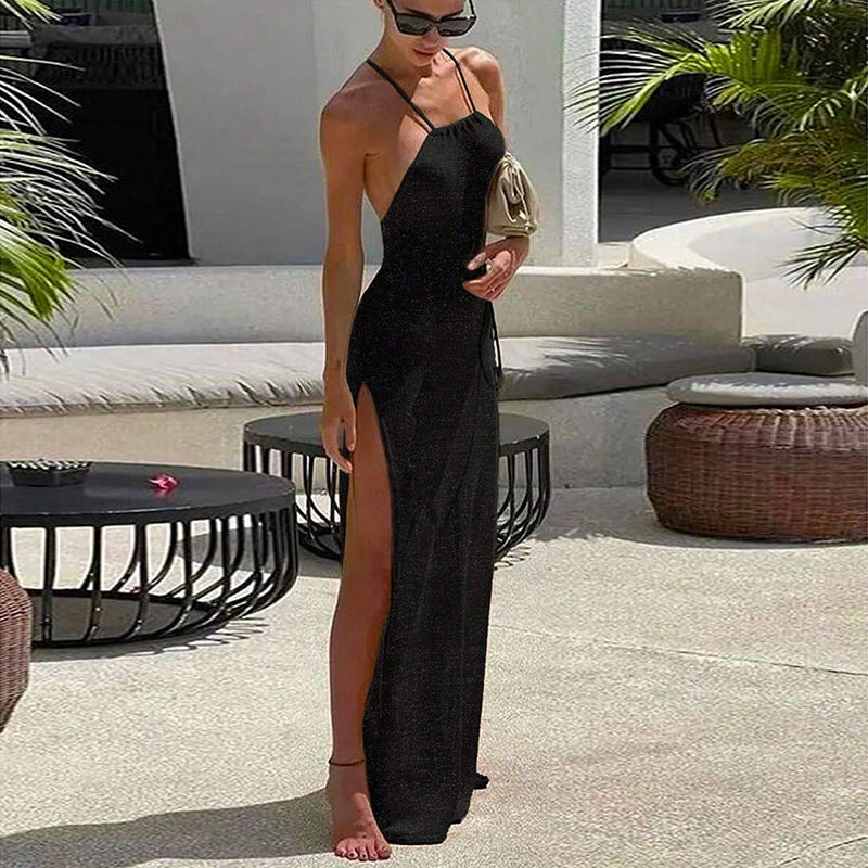2026 Viral Double High Split Spaghetti Strap Backless Knit Beach Maxi Dress