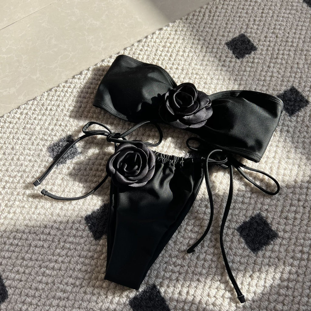 2026 Solid Color Rose Bandeau Drawstring Bikini Set Two Piece Split Swimsuit