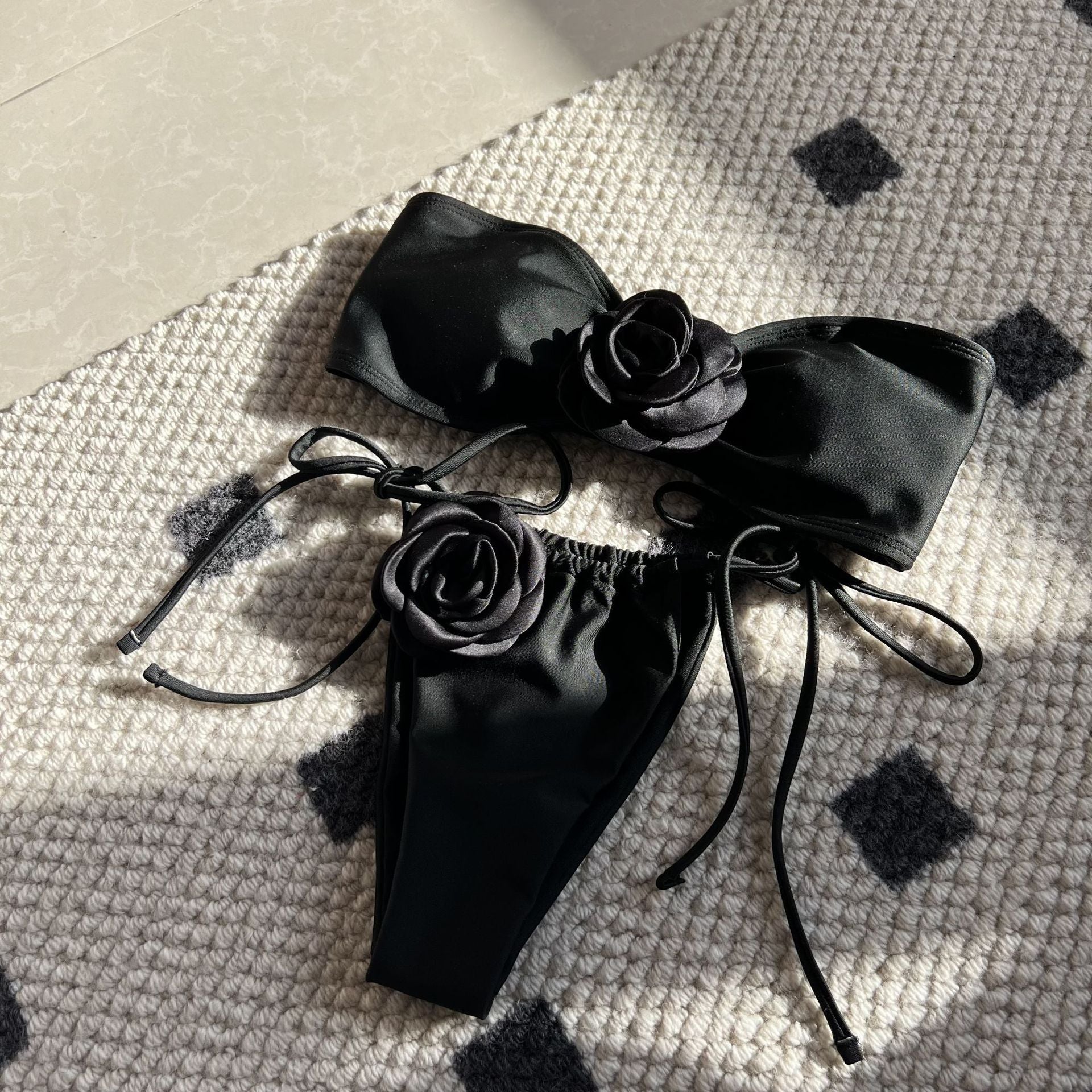 2026 Solid Color Rose Bandeau Drawstring Bikini Set Two Piece Split Swimsuit