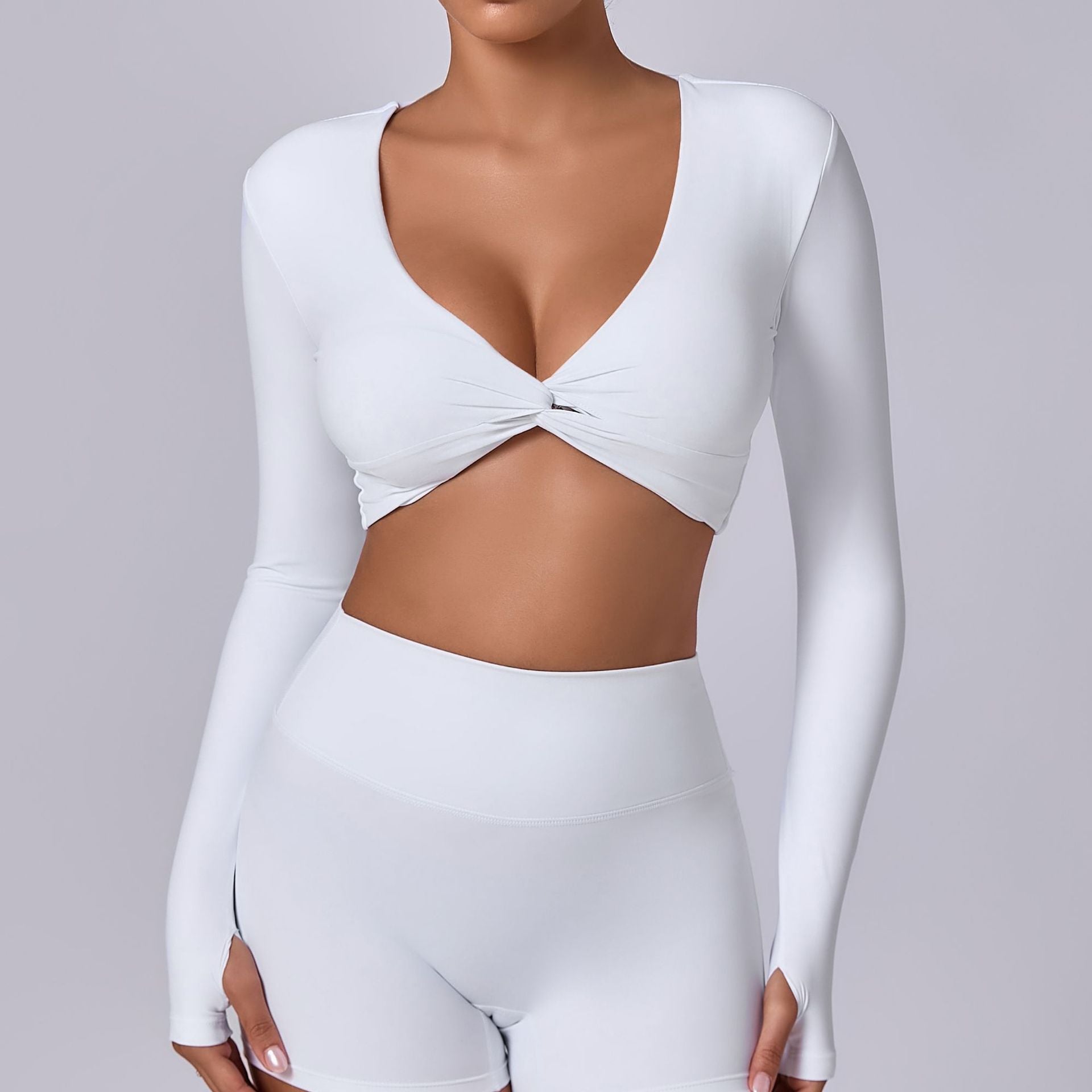 Cropped Long Sleeve Yoga Top with Thumb Holes | Sculpting Stretchy Running Activewear