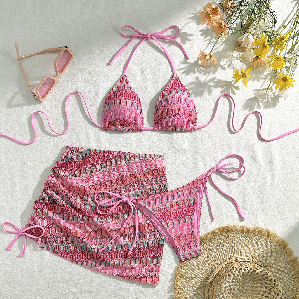 2026 Summer Sexy Embroidered Gradient Bikini Set Three Piece Beach Swimsuit