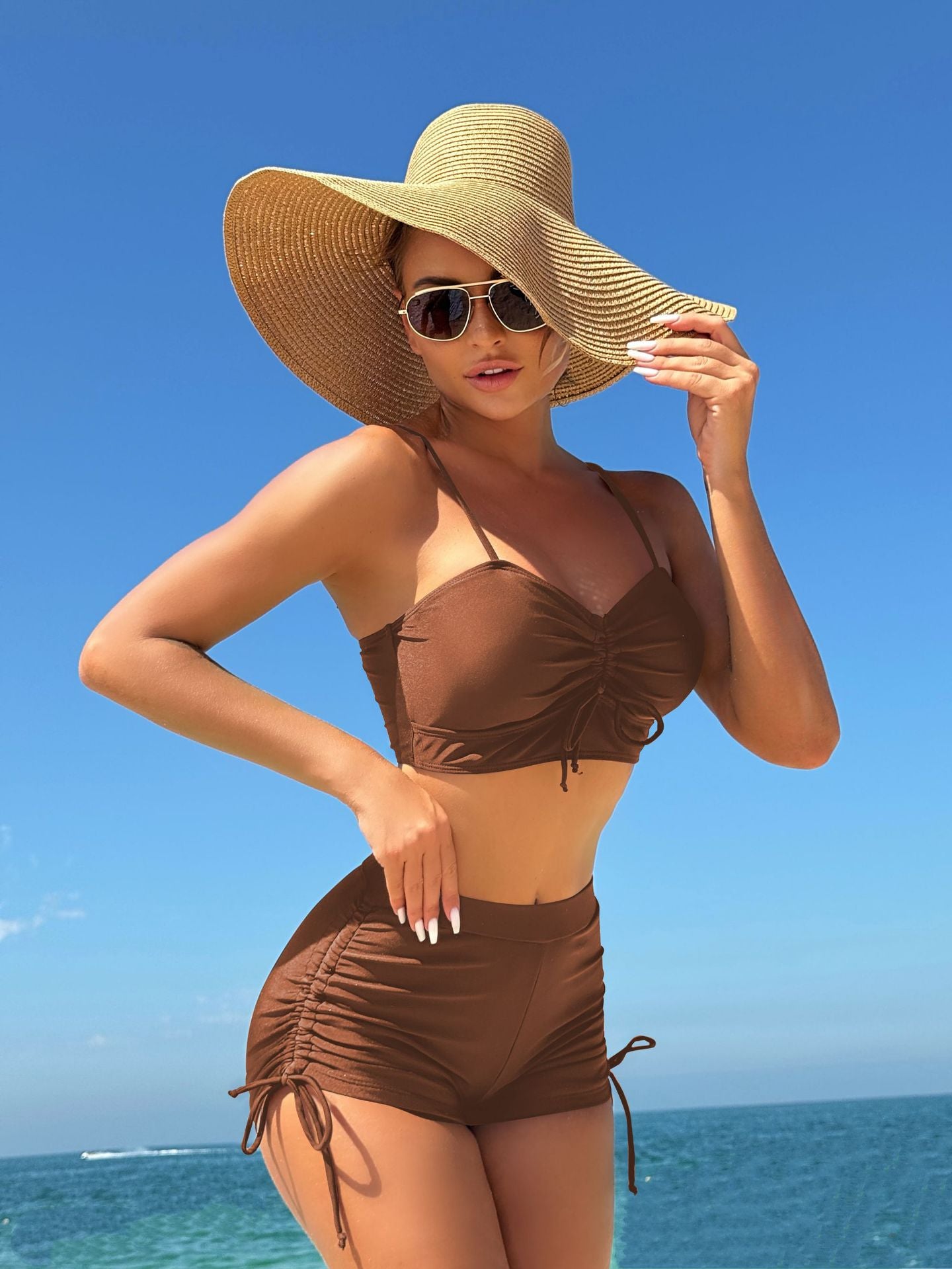 2026 Solid Color Conservative Split Swimsuit | Boxer Bottoms with Side Drawstring Bikini
