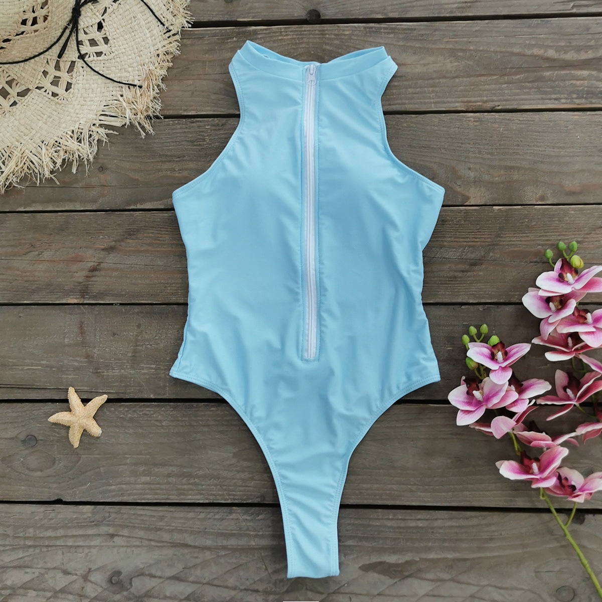 2026 Solid Color Zip Sleeveless One-Piece Surf Swimsuit | Integrated Women Swimwear