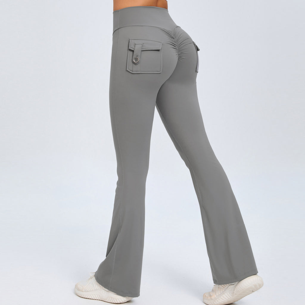 Buttoned Peach-Lift Yoga Flare Pants | High-Waist Quick-Dry Fitness Bell Bottoms for Women