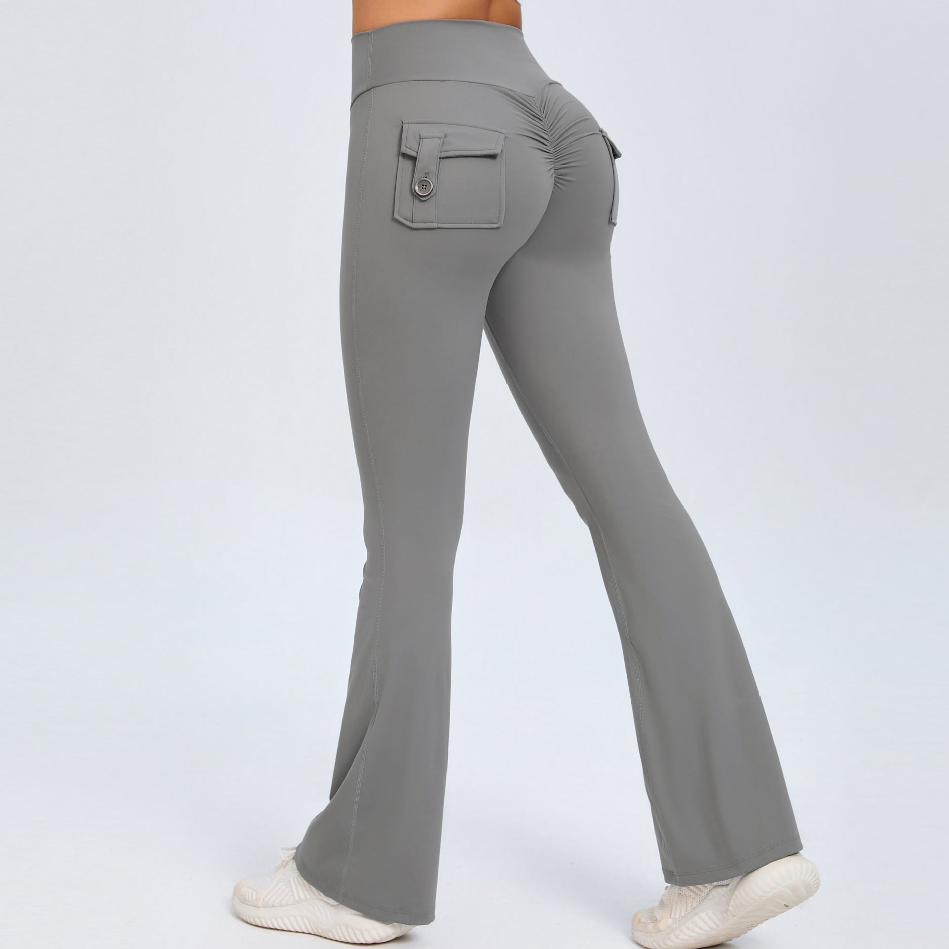 Buttoned Peach-Lift Yoga Flare Pants | High-Waist Quick-Dry Fitness Bell Bottoms for Women