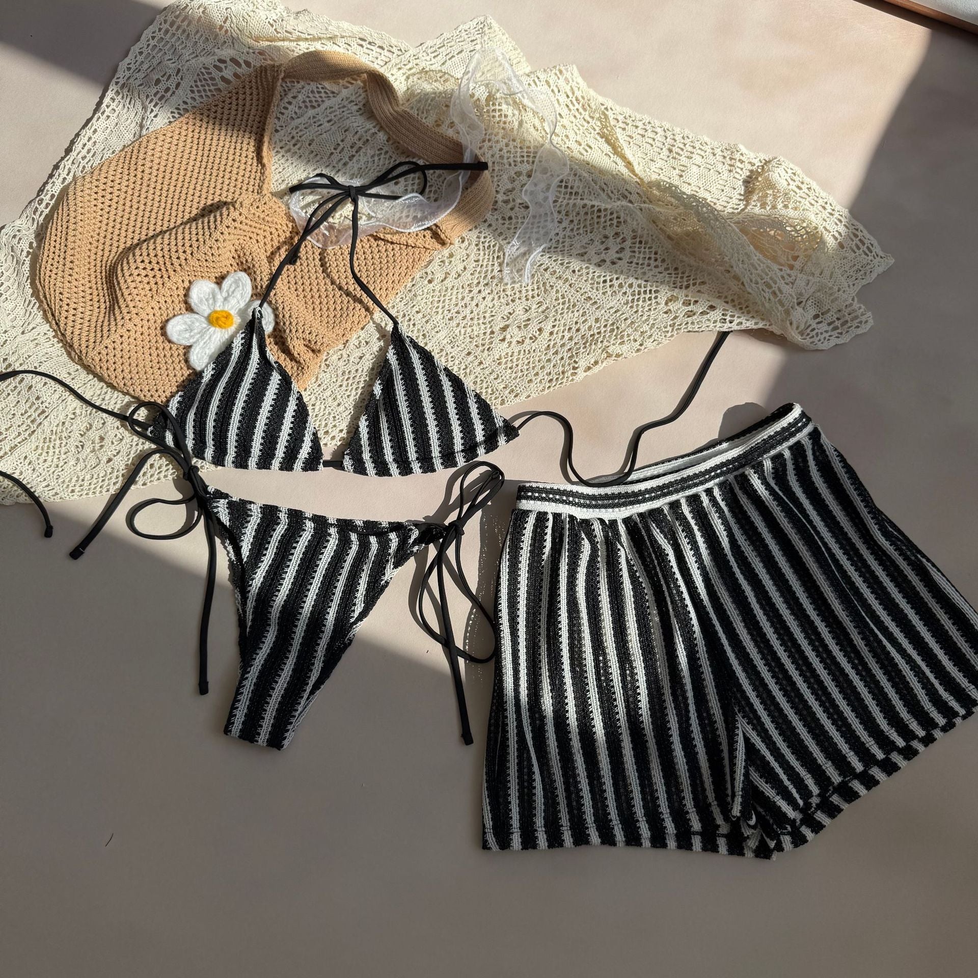 2026 Fashion Sexy Striped Tie Side Bikini Set Three Piece Beach Swimsuit For Women
