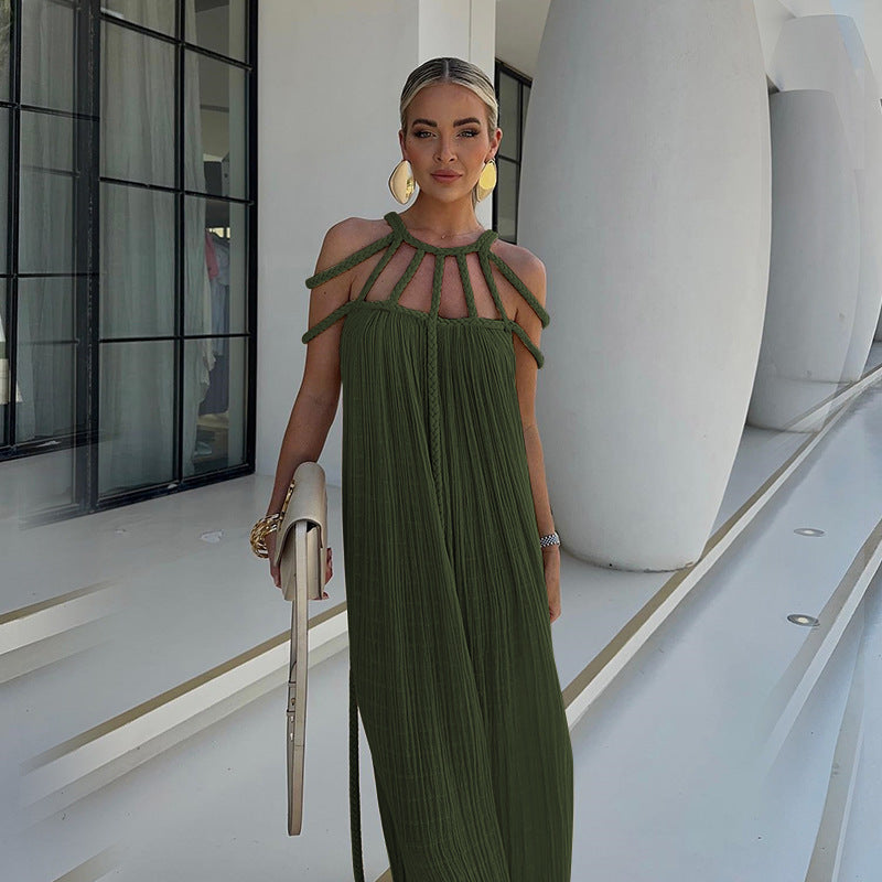 2026 Spring Tie Up Off Shoulder Halter Neck Loose Beach Vacation Dress