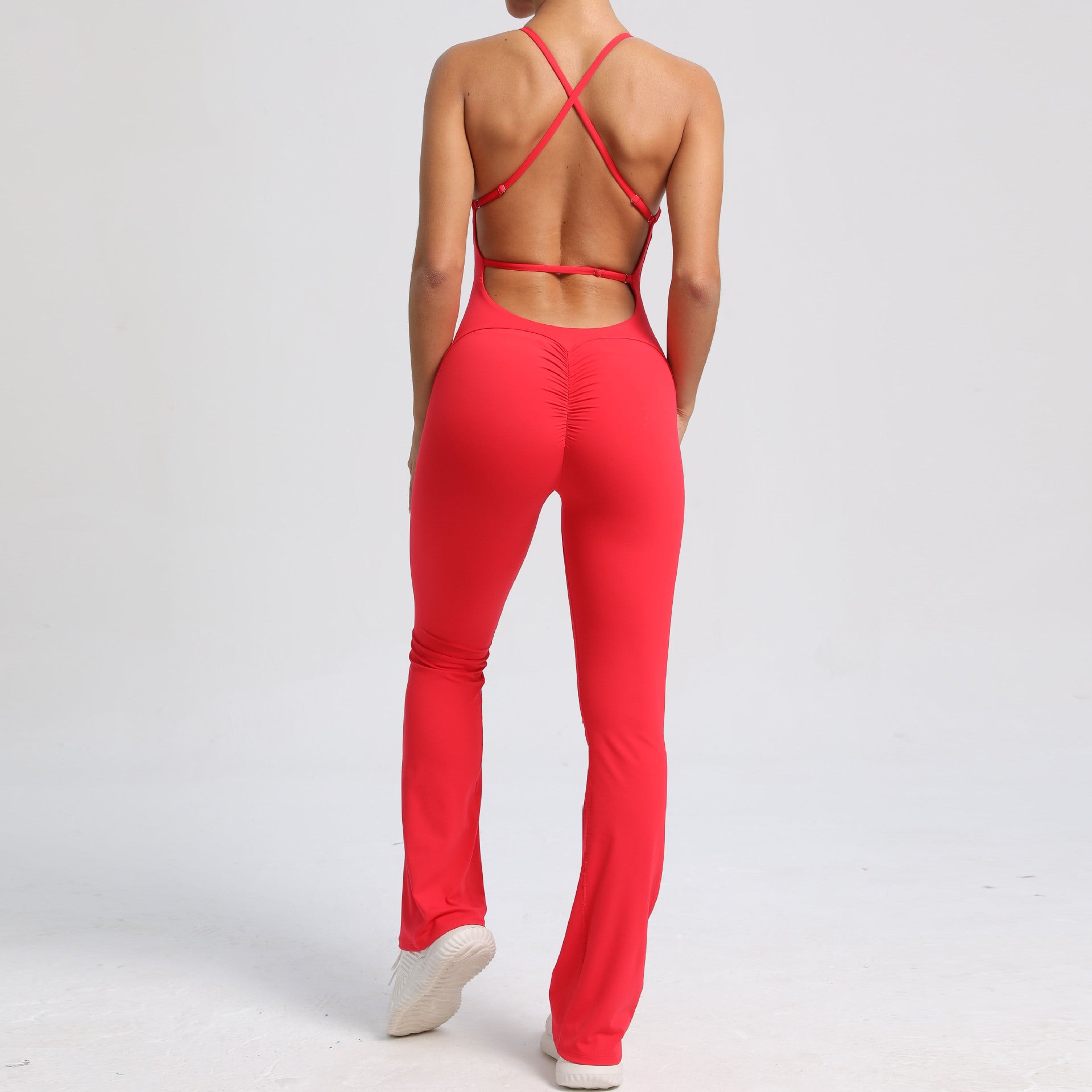 Adjustable Strap Backless Scrunch Butt Yoga Jumpsuit Slight Flare Fitness Wear