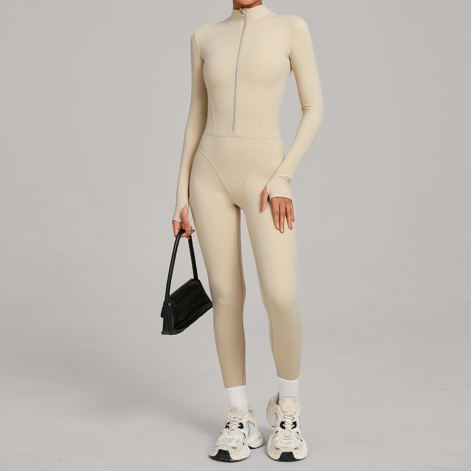 High-Neck Half-Zip Fleece Yoga Jumpsuit Outdoor Warm Running Fitness Wear