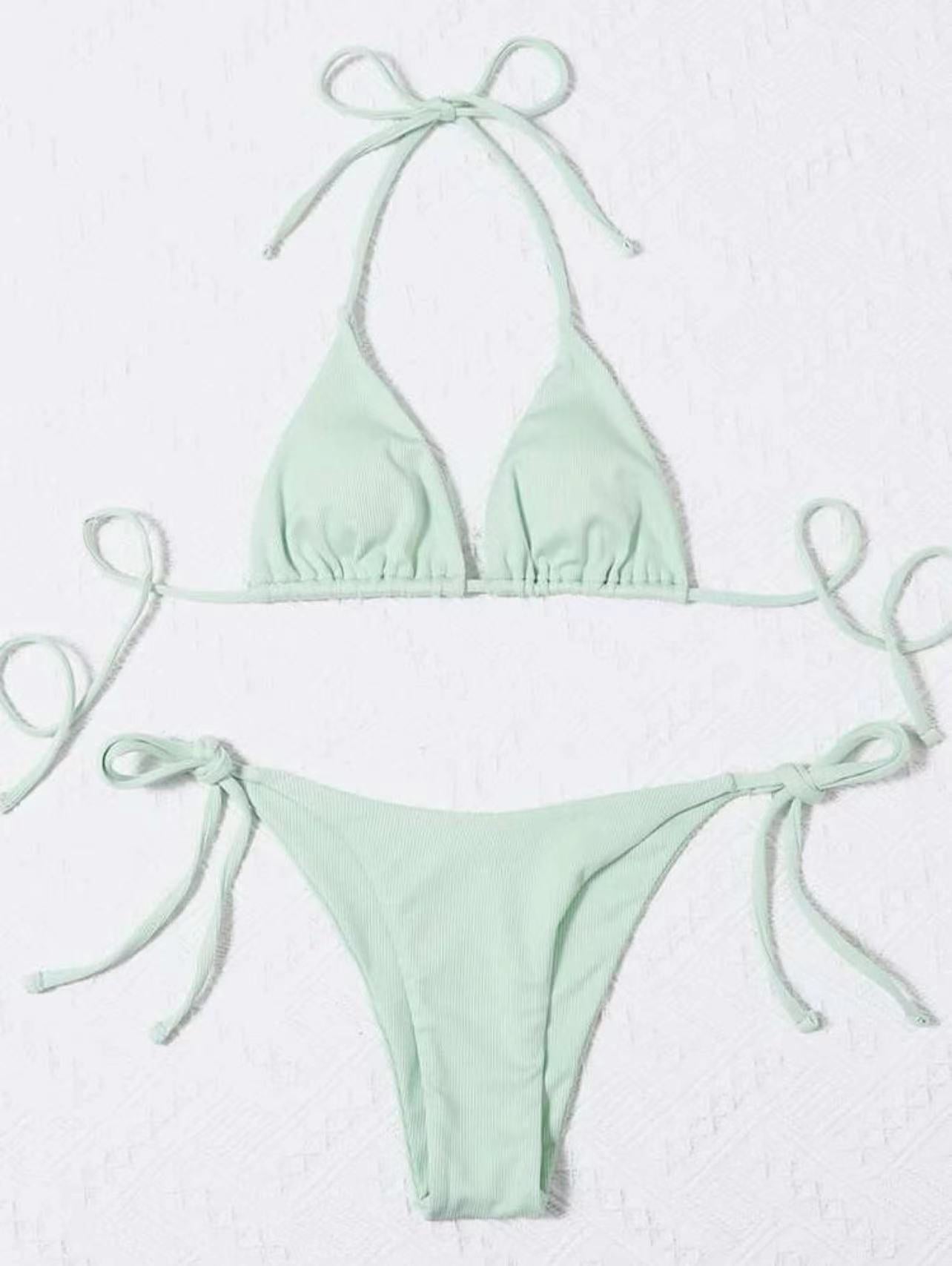 2026 Style Sexy Thong Ribbed Bikini Set Two Piece Split Swimsuit
