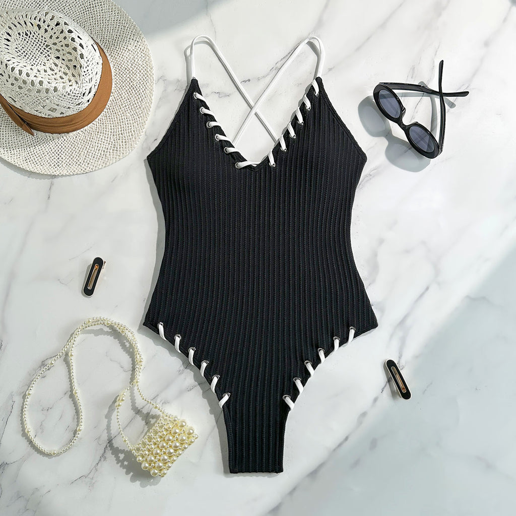 2026 Color Block Lace-Up Sexy One-Piece Swimsuit | Strappy Bikini Style