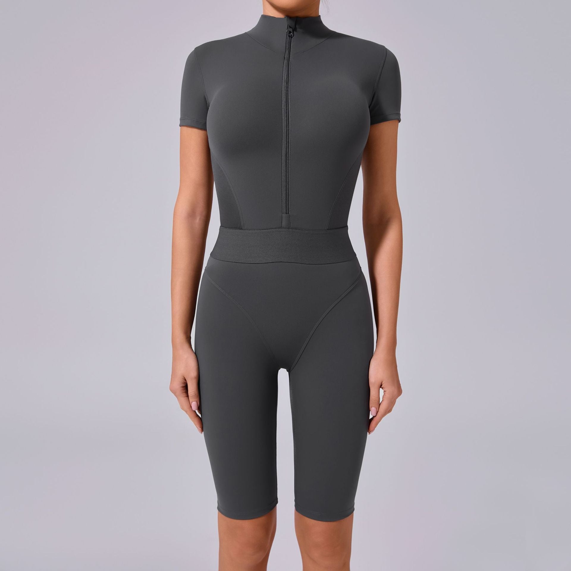 Waist-Shaping Zip Neck Short Sleeve Yoga Jumpsuit Mesh Panel Gym Bodysuit