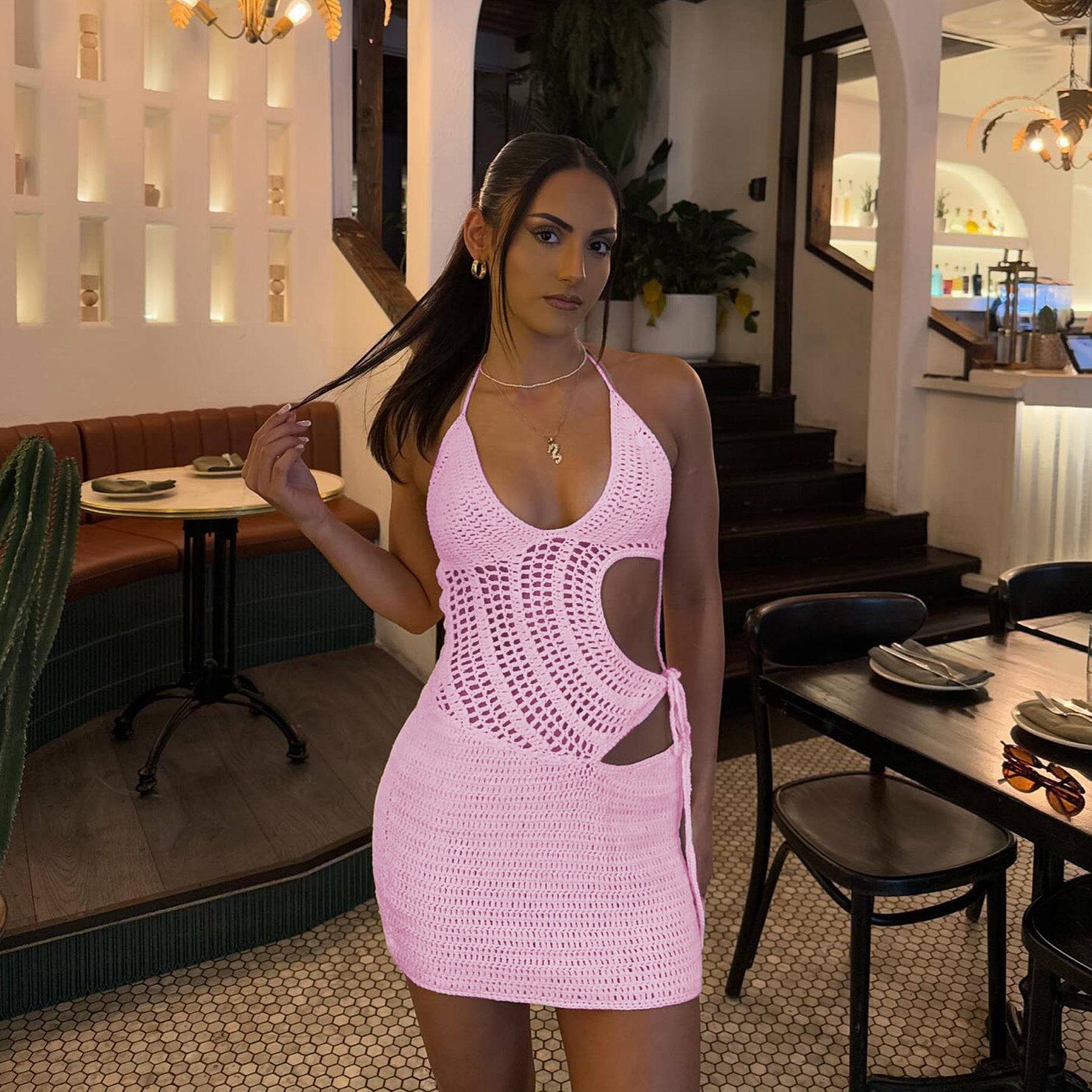 2026 New Arrival | Women's Coquette Cutout Halter Knit Beach Dress | Sexy Waist Cinched Bodycon Resort Dress