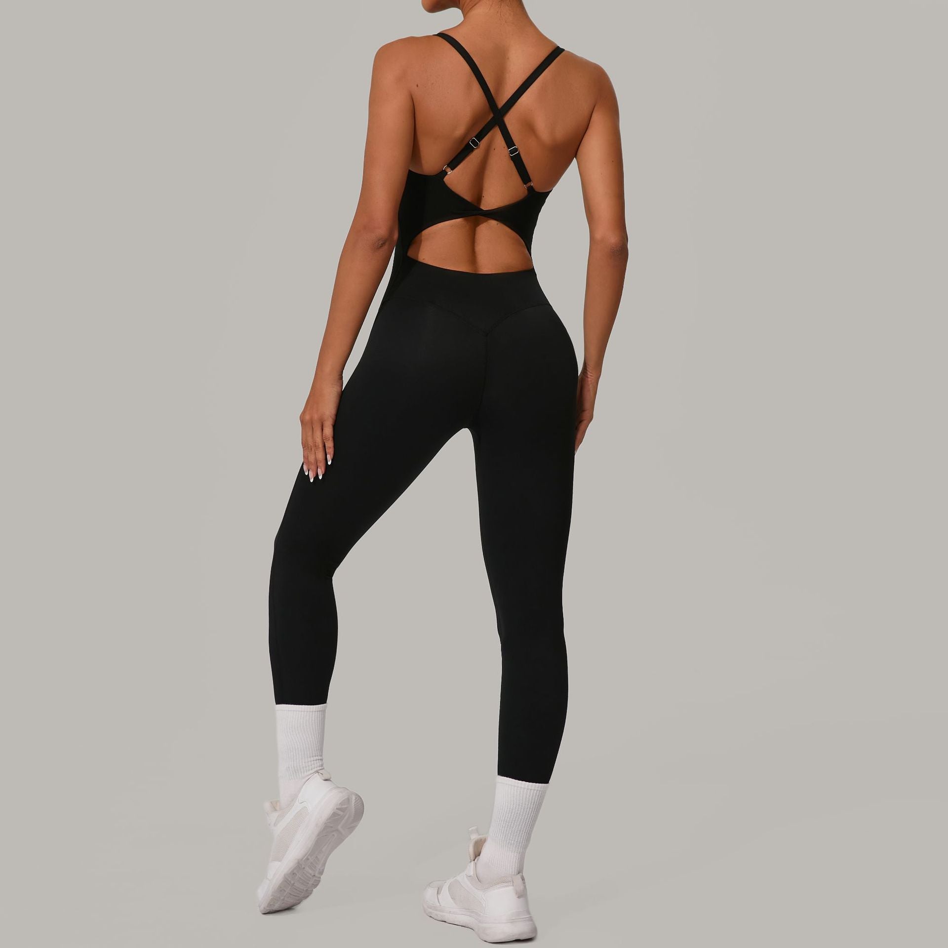 Adjustable Buckle Cross Waist-Cinching Scrunch Butt Yoga Jumpsuit Tight-Fit Workout Bodysuit
