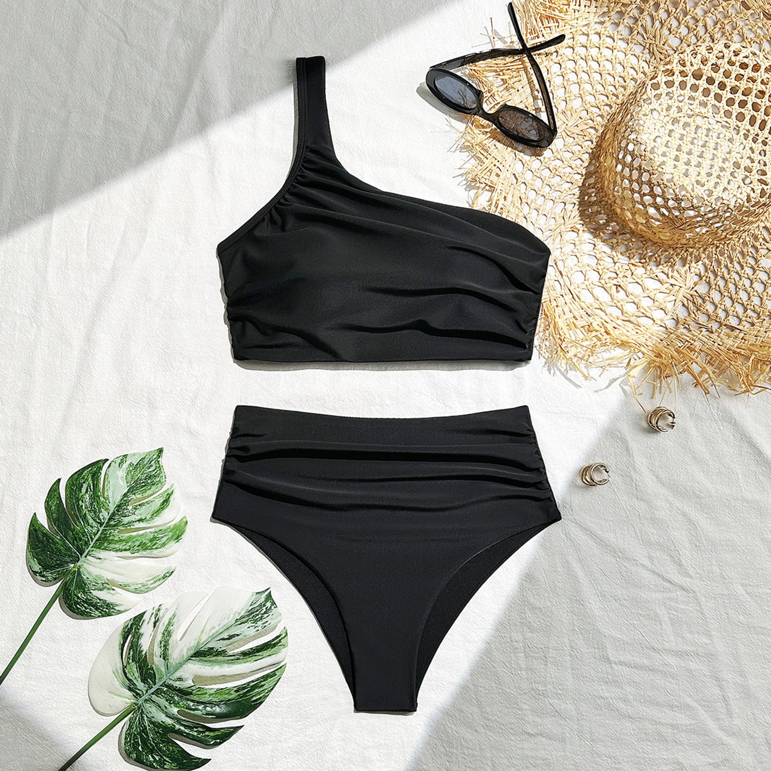 2026 Solid Color Ruched High-Waist One-Shoulder Bikini | Two-Piece Swimsuit