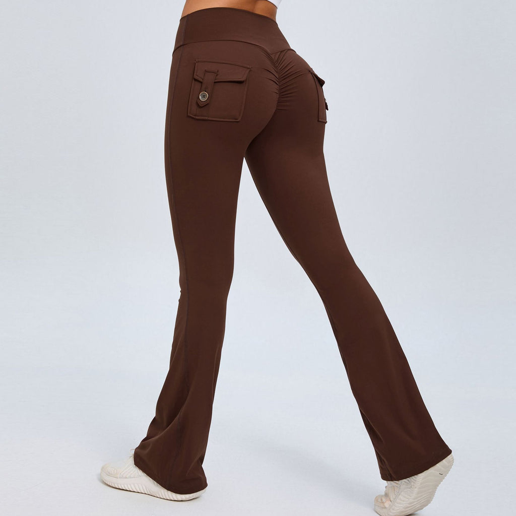 Buttoned Peach-Lift Yoga Flare Pants | High-Waist Quick-Dry Fitness Bell Bottoms for Women