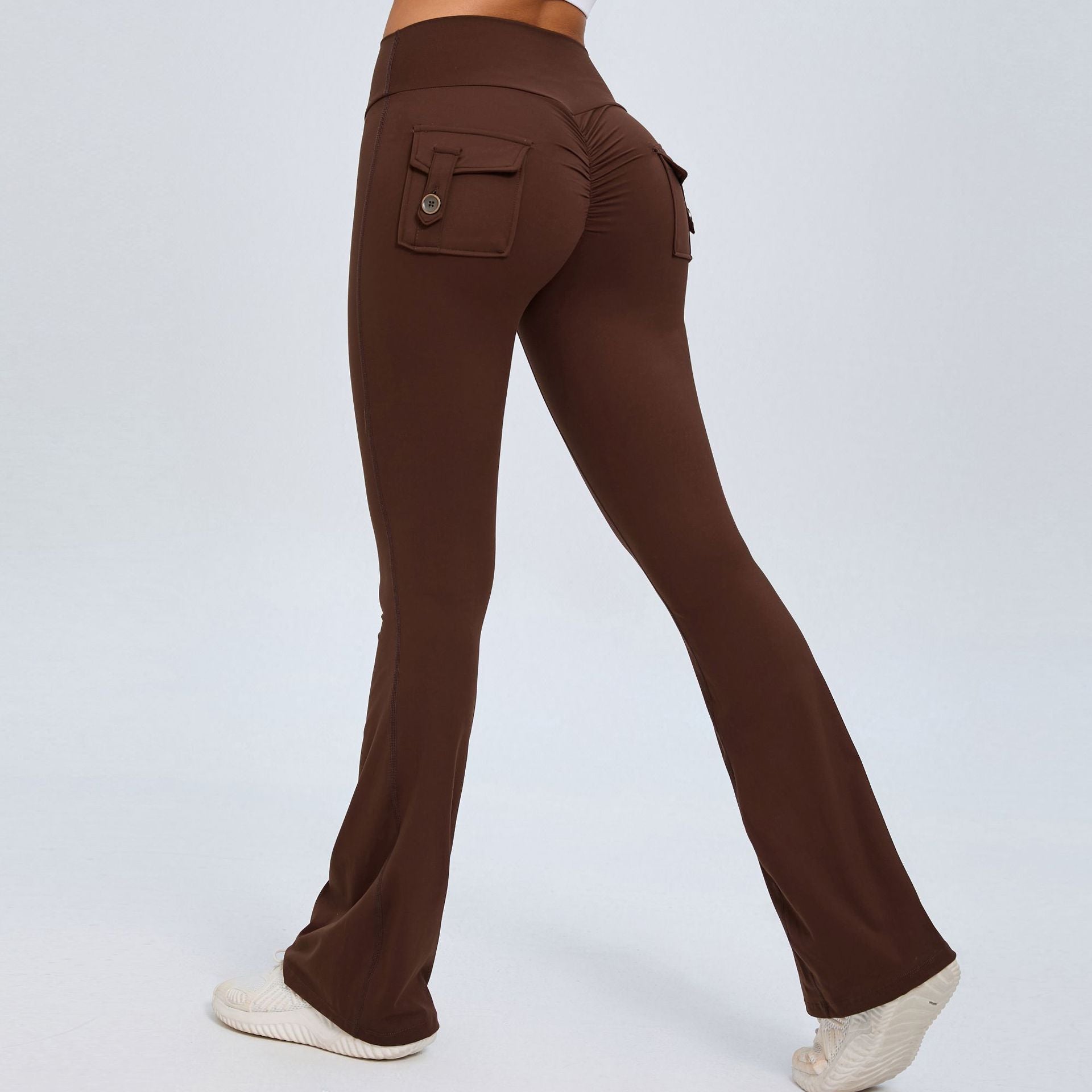 Buttoned Peach-Lift Yoga Flare Pants | High-Waist Quick-Dry Fitness Bell Bottoms for Women