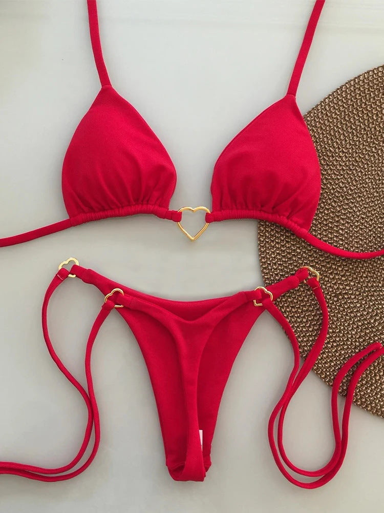 2026 Metal Accent Halter Push-Up Bikini | Sexy Solid Color Two-Piece Swimwear