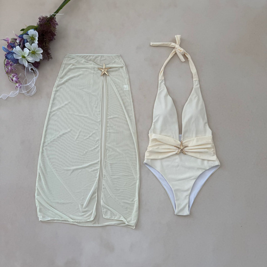 2026 Solid Color One-Piece Slit Mesh Dress Bikini | Halter Summer Swimwear
