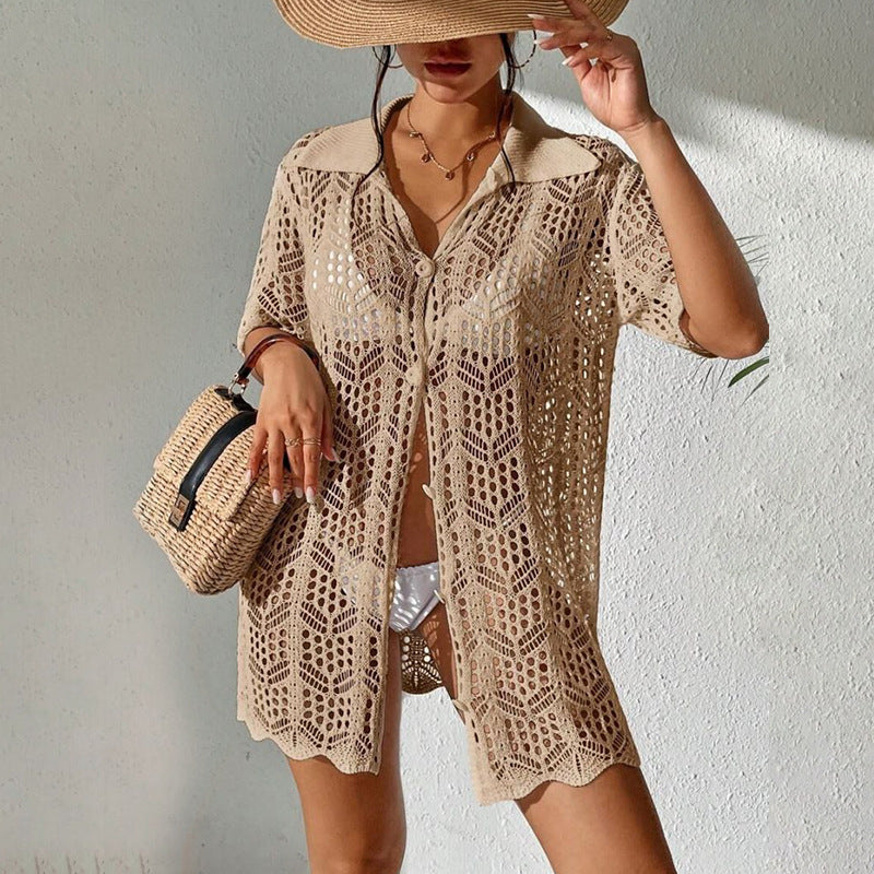 2026 New Arrival | Women's Solid Color Sexy Knit Beach Cover-Up | UV Protective Bikini Sunscreen Tunic
